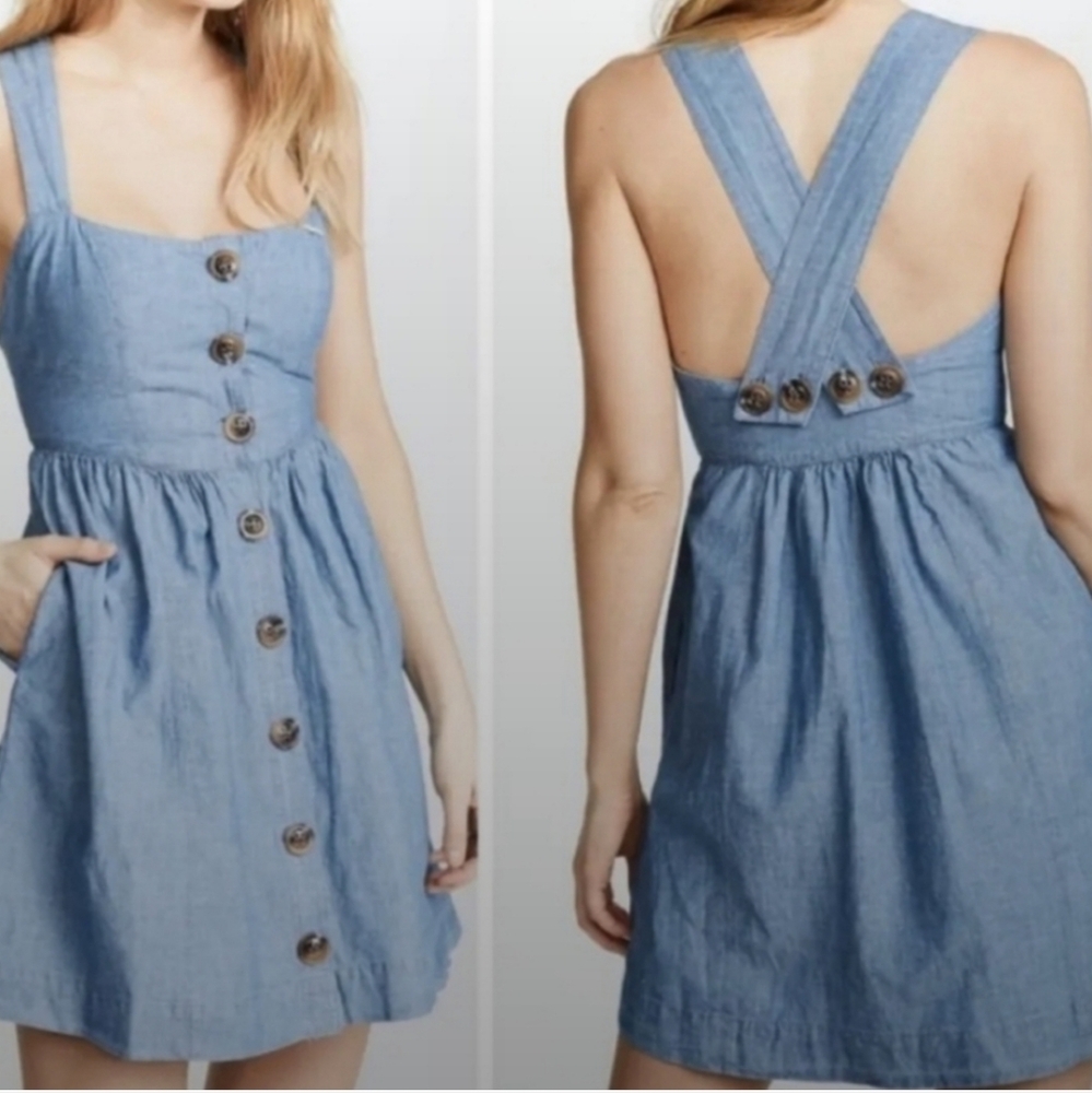 Free People Carolina Chambray Button Down Denim Mini Dress Womens 10 - Picture 1 of 9
